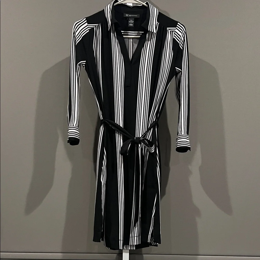 B&W Belted Shirt Dress with Pockets - Picture 1 of 8